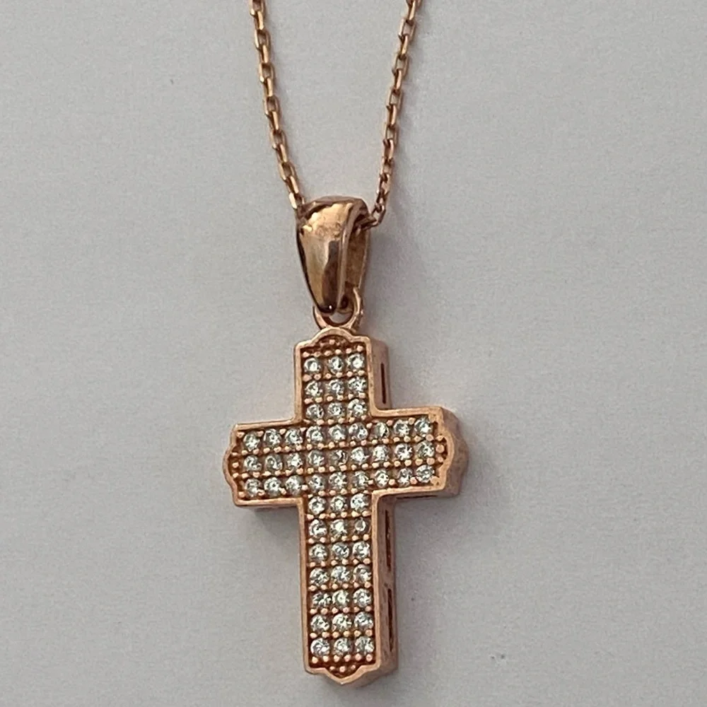 925 Silver cross necklace cz stones 14K rose gold plated